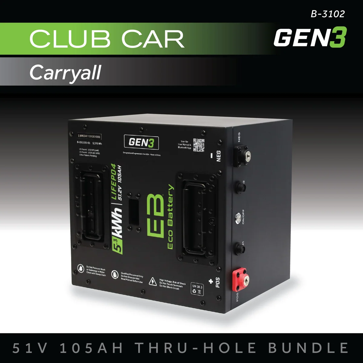 Eco Battery (48V) 51V 105AH Thru-Hole Battery Bundle / Club Car Carryall