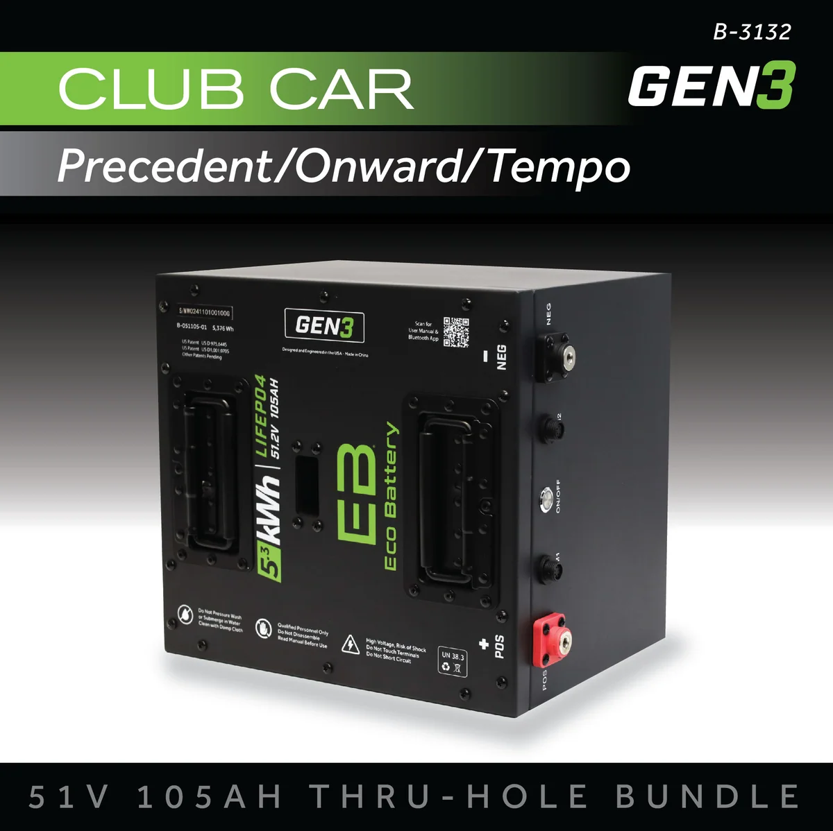 Eco Battery (48V) 51V 105AH Thru-Hole Battery Bundle / Club Car Precedent/Onward/Tempo