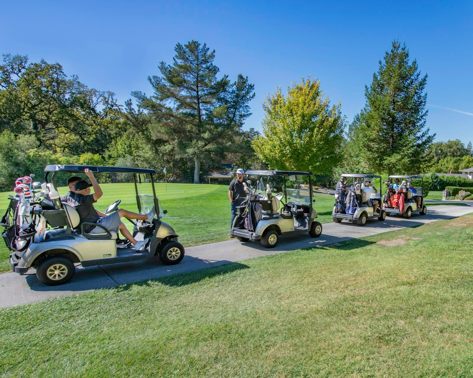Golf carts driving along a path through trees