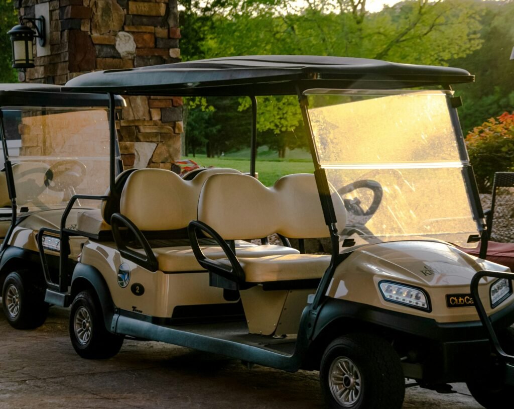 How Many Seats Do You Need? Choosing a 2, 4 or 6-Passenger Golf Cart Rows of multi-seat golf carts with cushioned seats