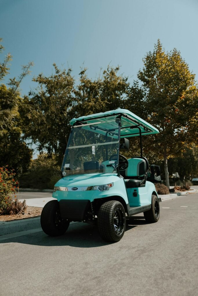 Are Golf Carts Street Legal in New York? A Plain-English Guide to Low-Speed Vehicles Teal golf cart on a paved road lined with trees